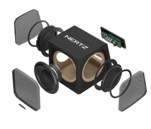 Exploded view of all components that make up the Hertz Deici DBA 201 active subwoofer.
